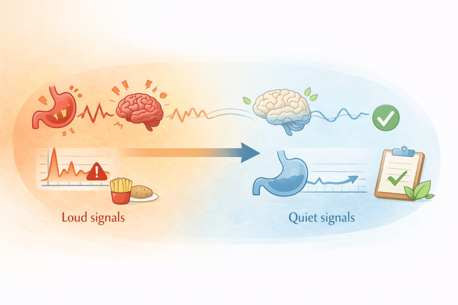 Transition from loud, chaotic appetite signals on the left to quiet, stable signals on the right, showing how signal stability reduces food noise