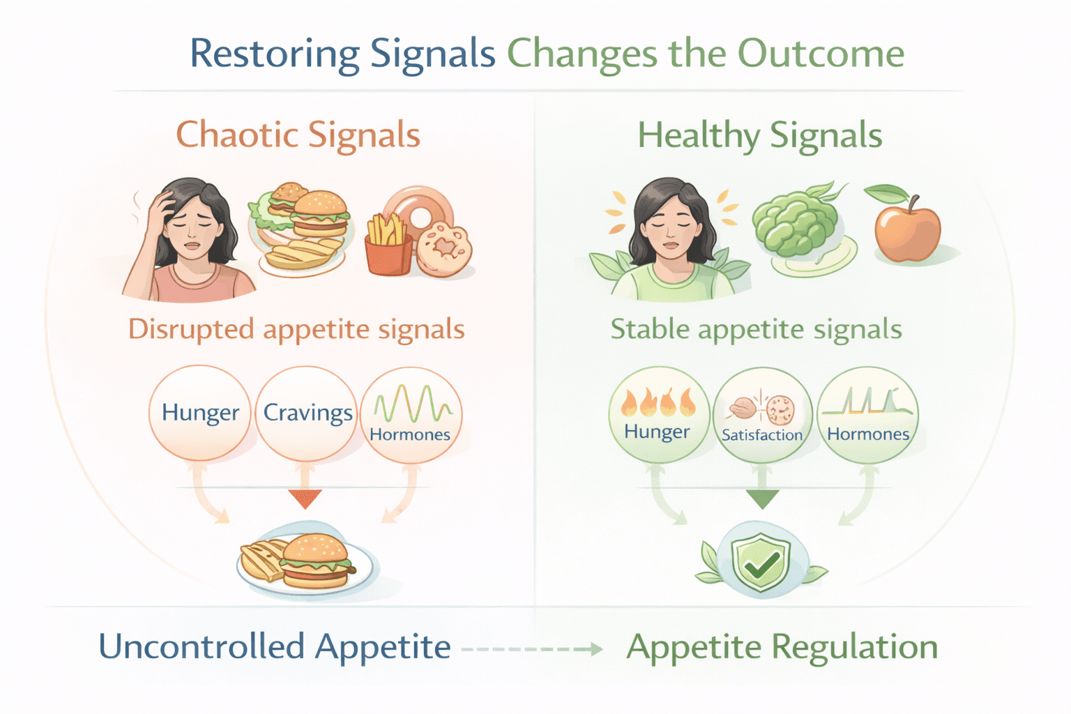 Comparison of chaotic vs healthy appetite signals, showing how restoring metabolic signaling leads to appetite regulation instead of uncontrolled appetite
