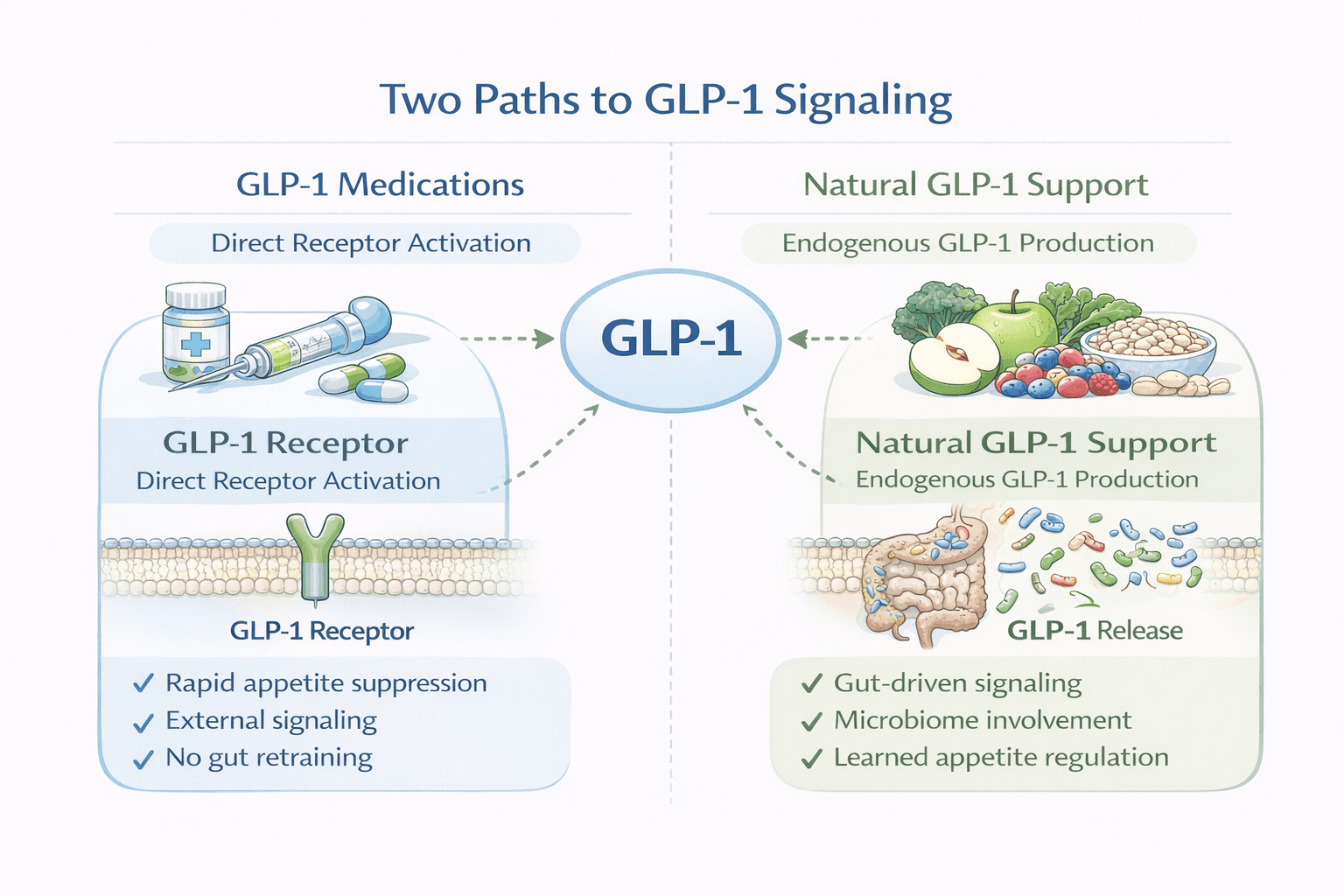 Side-by-side comparison of two paths to GLP-1 signaling: medications providing direct receptor activation versus natural support through endogenous gut-driven production