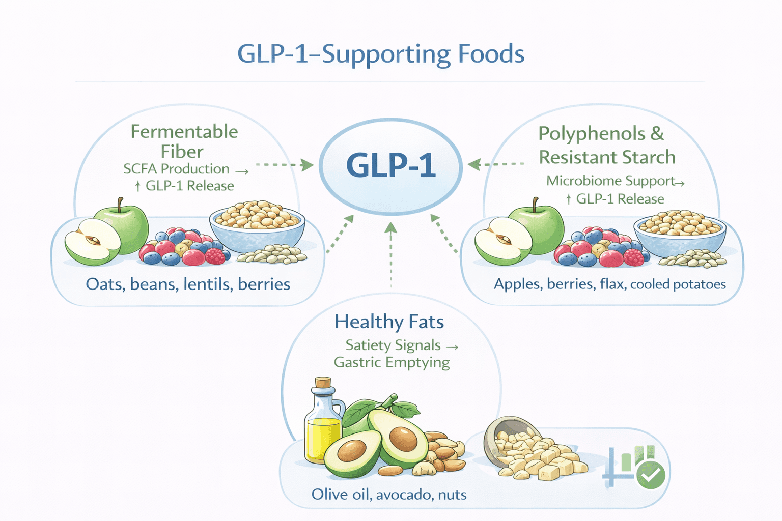 Diagram showing GLP-1-supporting foods: fermentable fiber from oats, beans, and lentils; healthy fats from olive oil, avocado, and nuts; polyphenols and resistant starch from apples, berries, and flax