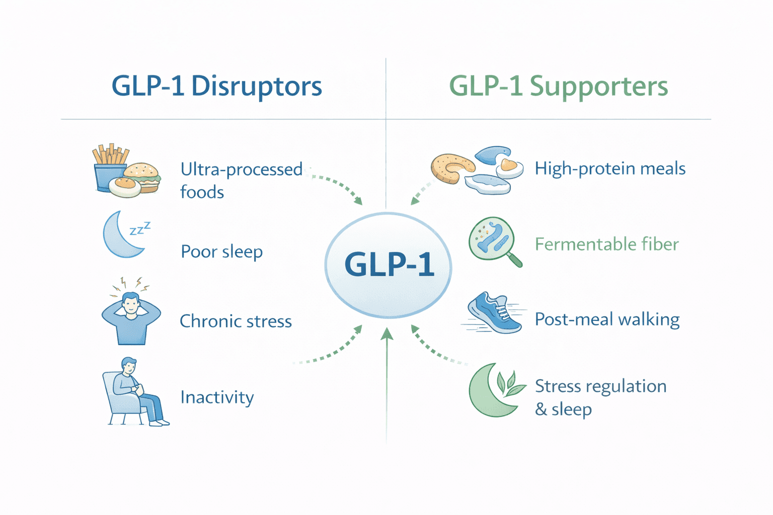 Comparison chart of GLP-1 disruptors (ultra-processed foods, poor sleep, chronic stress, inactivity) versus GLP-1 supporters (high-protein meals, fermentable fiber, post-meal walking, stress regulation)