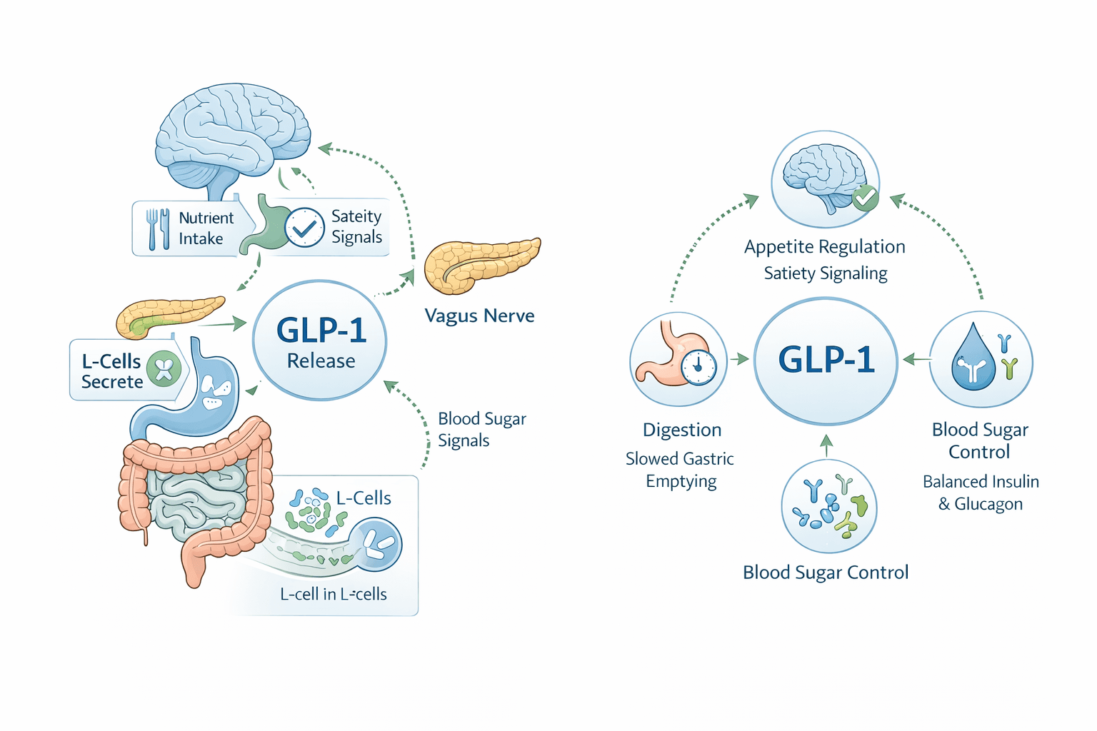 Diagram showing the dual pathways of natural GLP-1: L-cells in the gut releasing GLP-1, which signals the brain via the vagus nerve for appetite regulation and the pancreas for blood sugar control and digestion