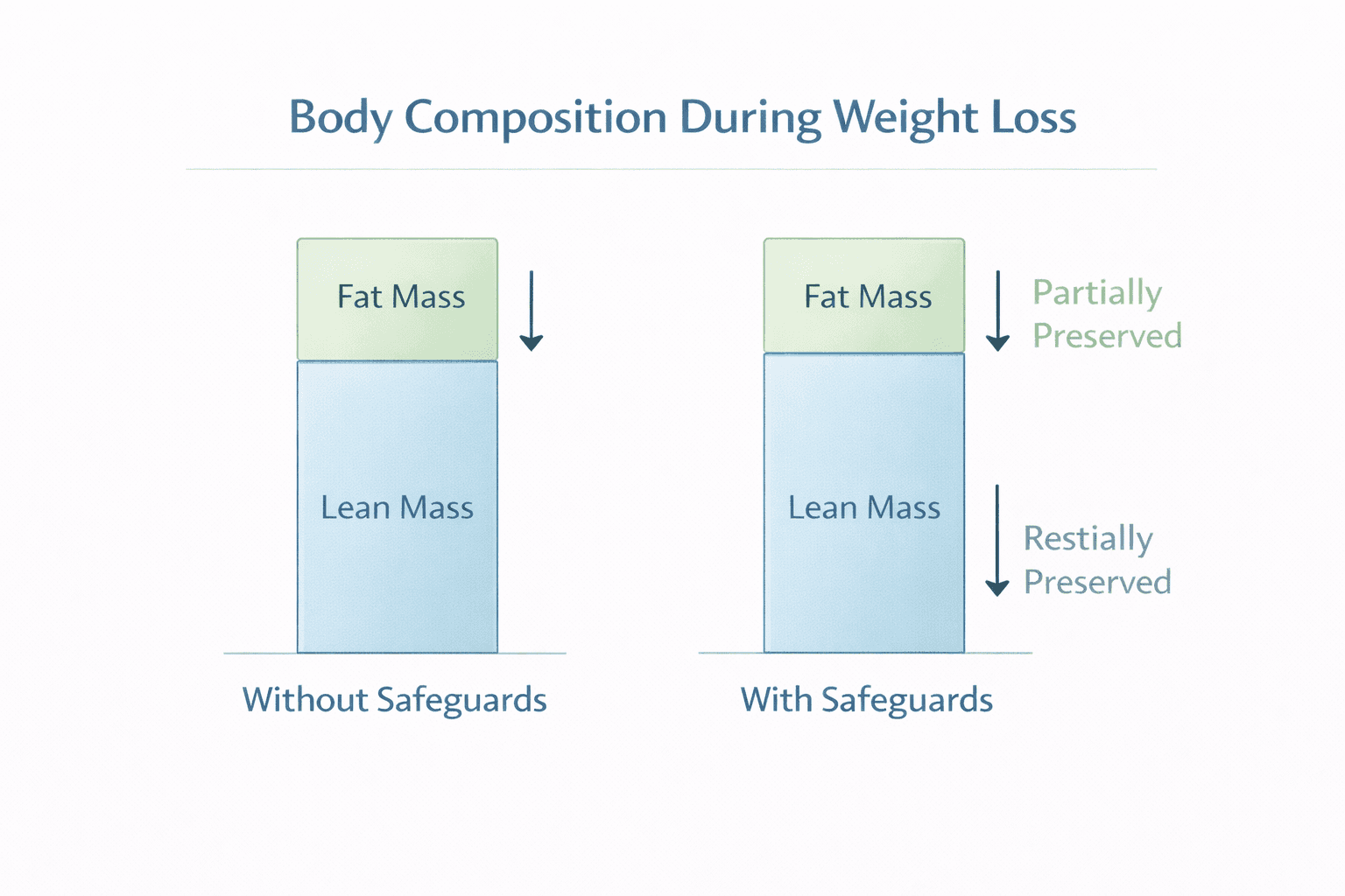 Side-by-side comparison of body composition during weight loss: without safeguards showing significant lean mass loss, versus with safeguards showing lean mass preservation